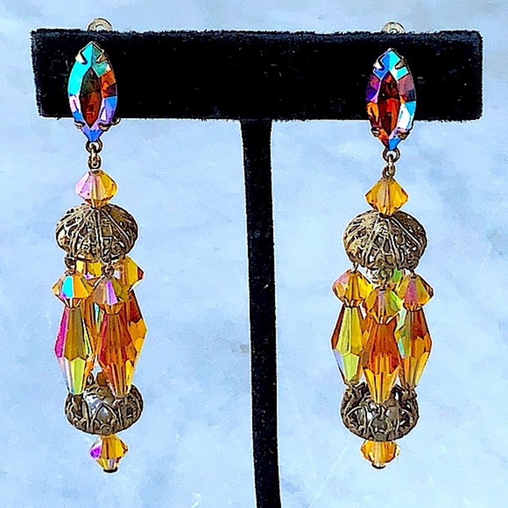 LEWIS SEGAL OF CALIFORNIA EARRINGS CLIP DANGLE AMBER AURORA BOREALIS